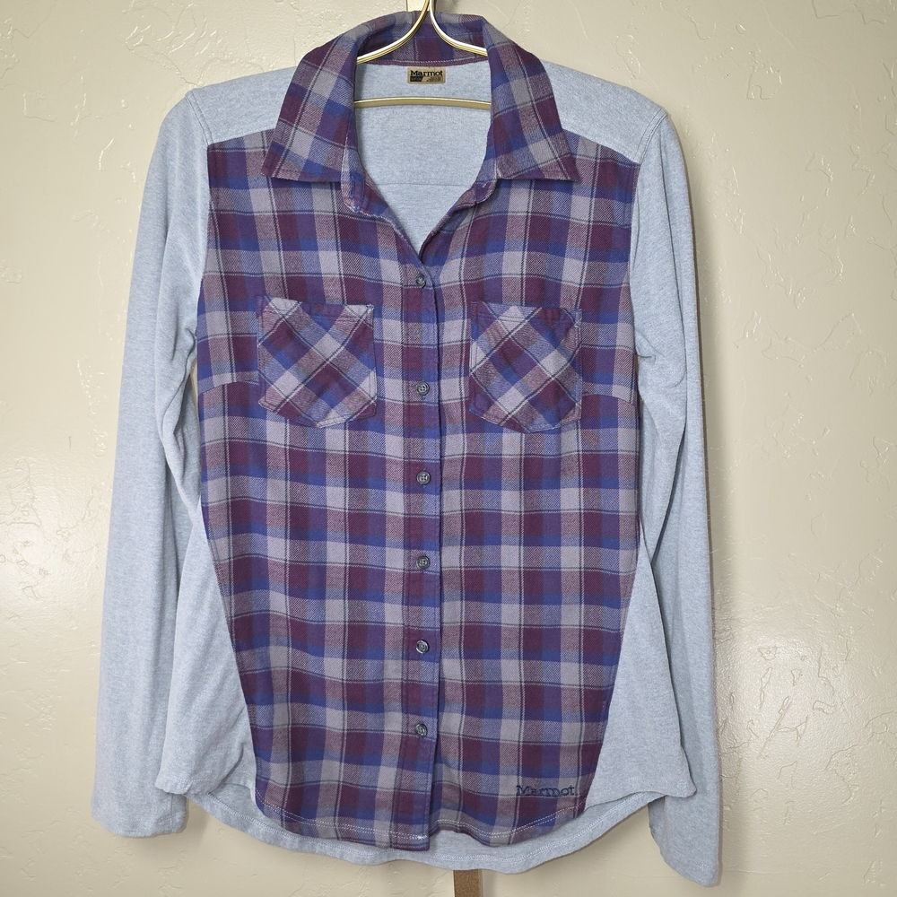 Marmot Purple Blue Plaid Button Up Shirt Gray Curvy Side Panels Outdoor Hiking‎